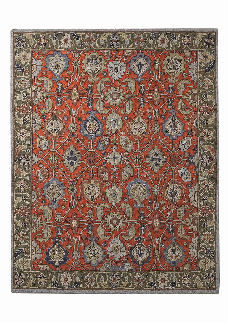 Saffron Rugs Hand Tufted Burnt Orange Floral Oriental Rectangular Wool Area Rug - Indya