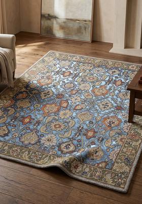 Saffron Rugs Hand Tufted Ice Blue Floral Oriental Rectangular Wool Area Rug