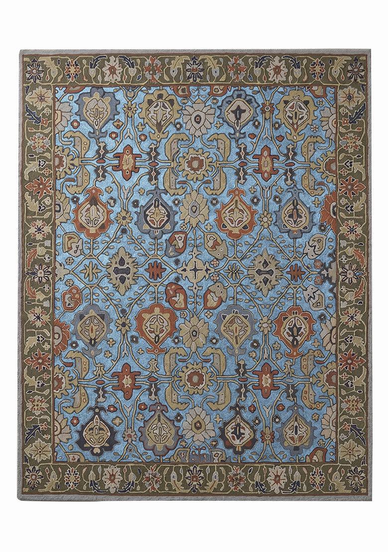 Saffron Rugs Hand Tufted Ice Blue Floral Oriental Rectangular Wool Area Rug - Indya