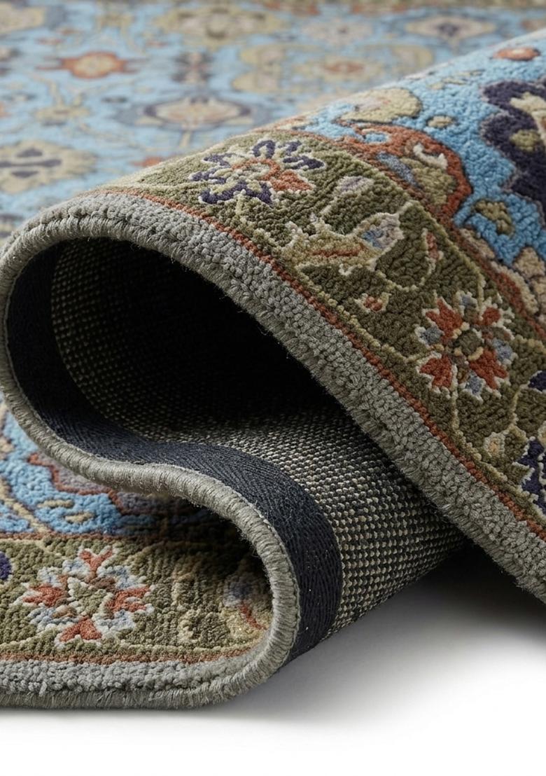 Saffron Rugs Hand Tufted Ice Blue Floral Oriental Rectangular Wool Area Rug - Indya