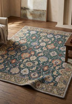 Saffron Rugs Hand Tufted Forest Green Floral Oriental Rectangular Wool Area Rug