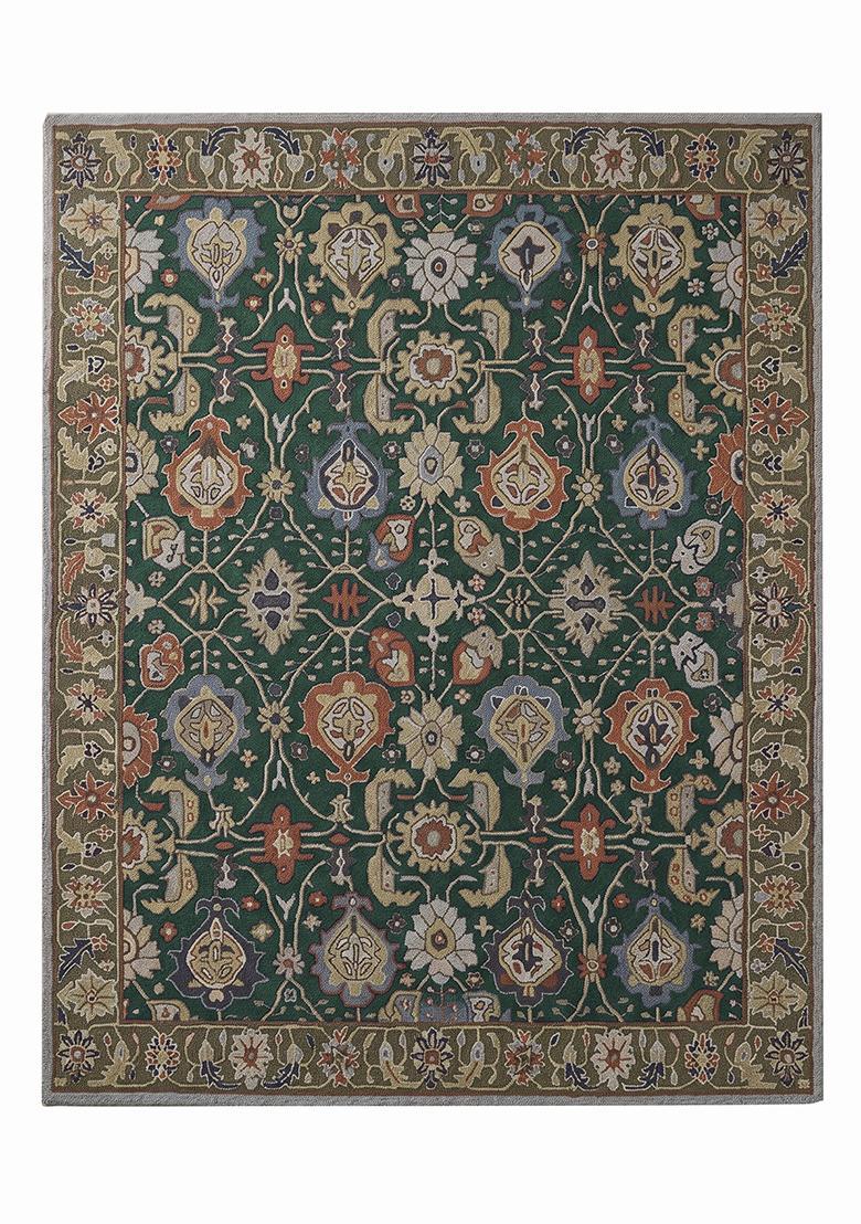 Saffron Rugs Hand Tufted Forest Green Floral Oriental Rectangular Wool Area Rug - Indya