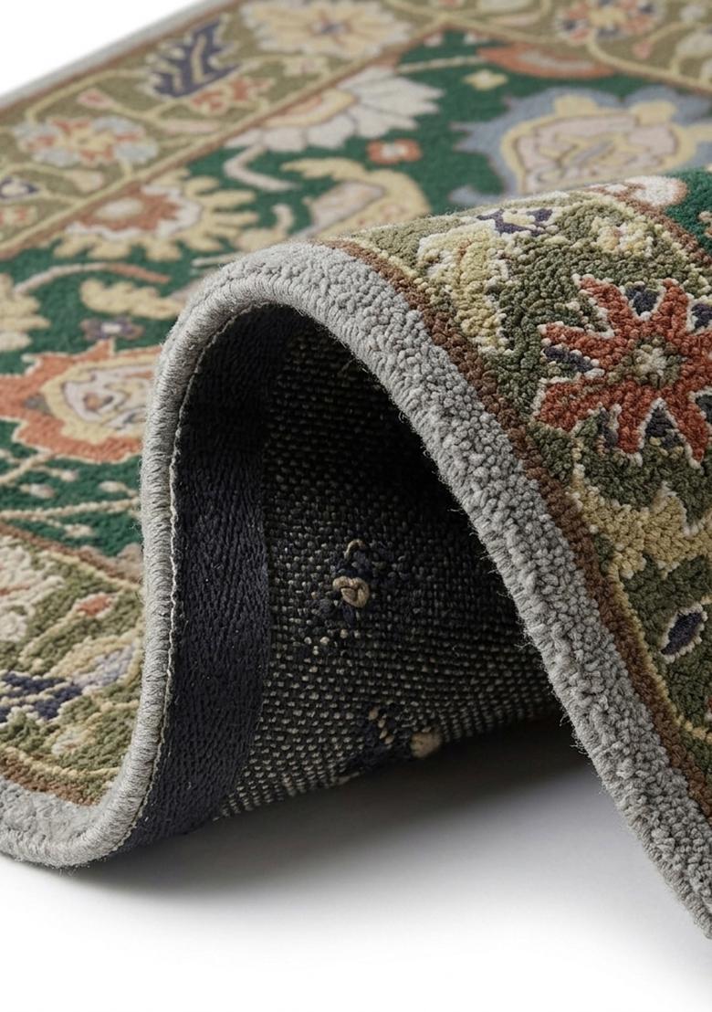 Saffron Rugs Hand Tufted Forest Green Floral Oriental Rectangular Wool Area Rug - Indya