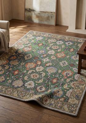 Saffron Rugs Hand Tufted Olive Green Floral Oriental Rectangular Wool Area Rug