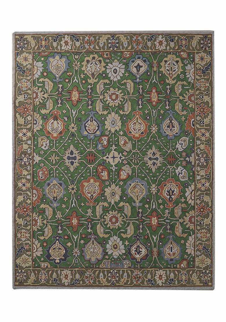 Saffron Rugs Hand Tufted Olive Green Floral Oriental Rectangular Wool Area Rug - Indya