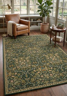 Saffron Rugs Hand Tufted Forest Green Floral Classic Rectangular Wool Area Rug