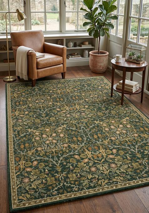 Saffron Rugs Hand Tufted Forest Green Floral Classic Rectangular Wool Area Rug