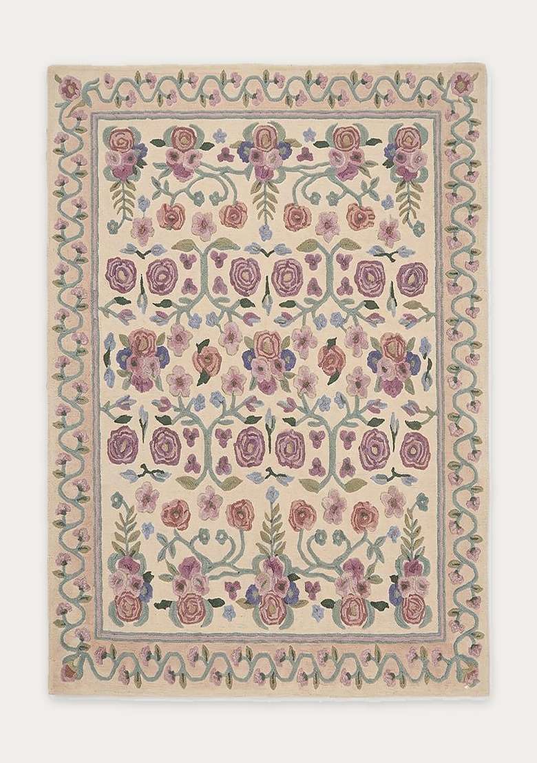 100% Wool Handmade Beige Rug | Victorian Floral Carpet With Cotton Backing For Living Room - Indya