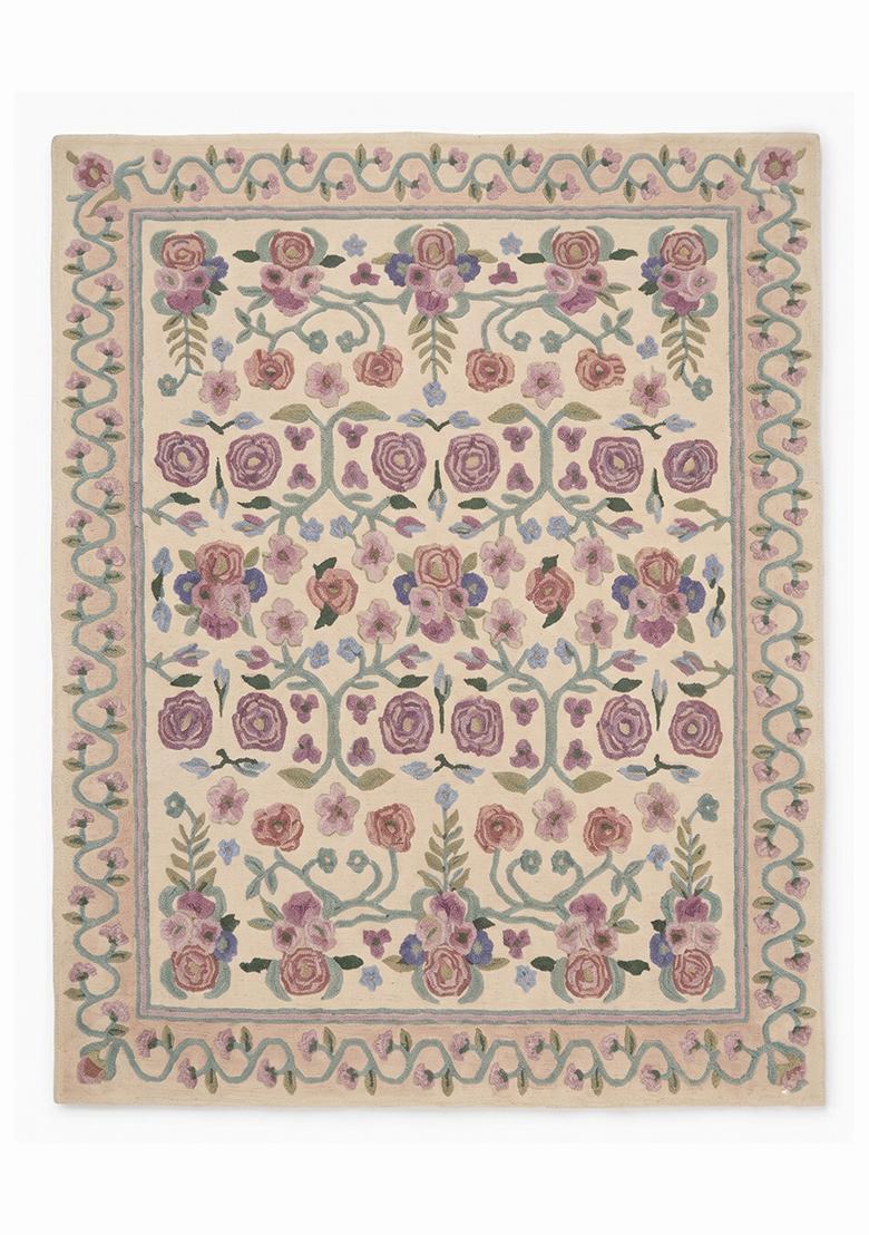 Saffron Rugs Hand Tufted Beige Floral Victorian Rectangular Wool Area Rug - Indya