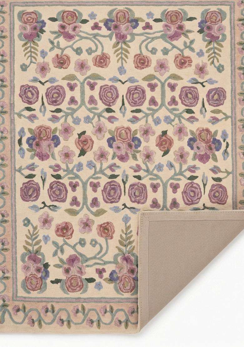 100% Wool Handmade Beige Rug | Victorian Floral Carpet With Cotton Backing For Living Room - Indya