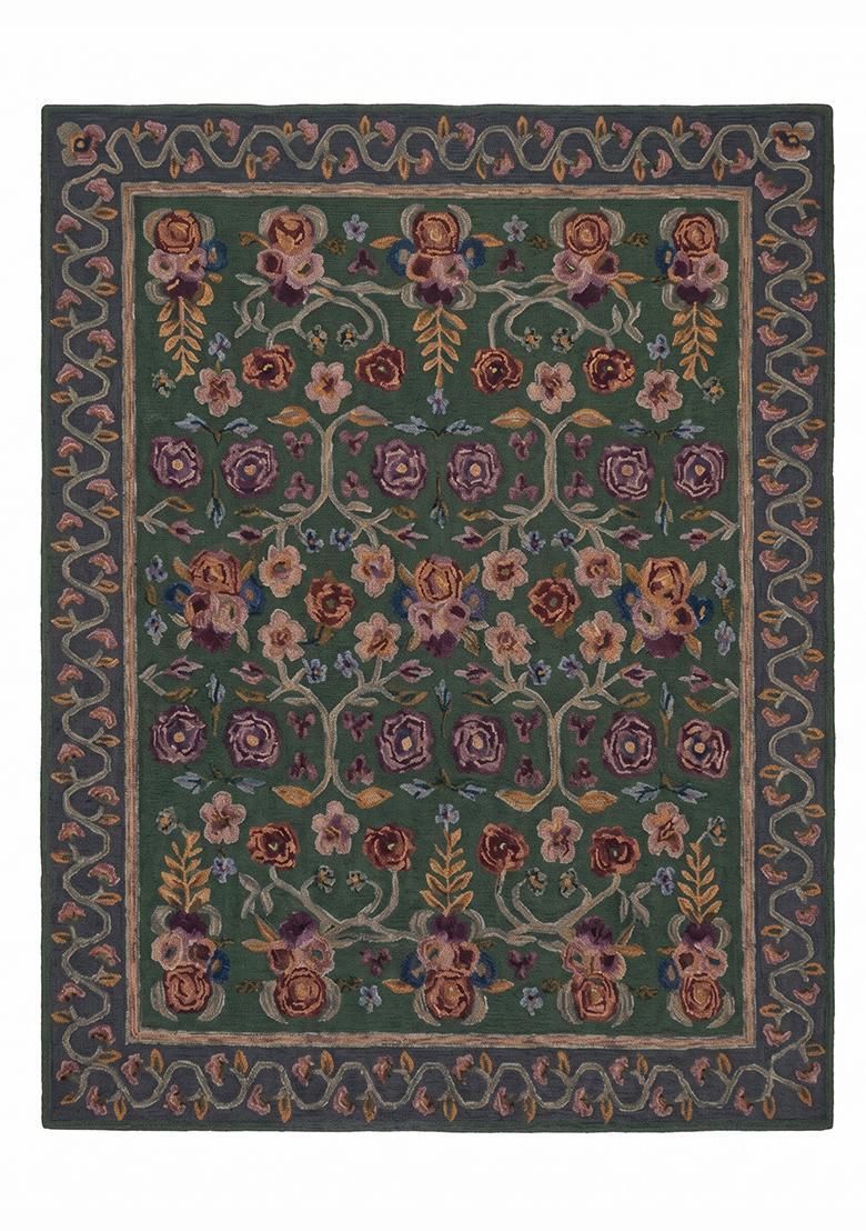 Saffron Rugs Hand Tufted Forest Green Floral Victorian Rectangular Wool Area Rug - Indya