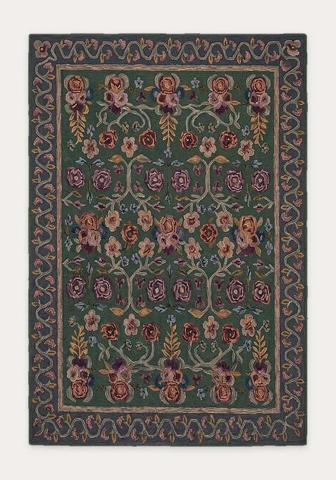 100% Wool Handmade Forest Green Rug | Victorian Floral Carpet With Cotton Backing For Living Room