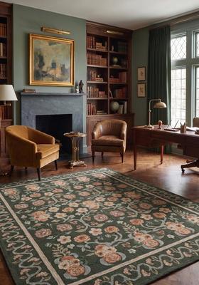 Saffron Rugs Hand Tufted Teal Blue Floral Victorian Rectangular Wool Area Rug