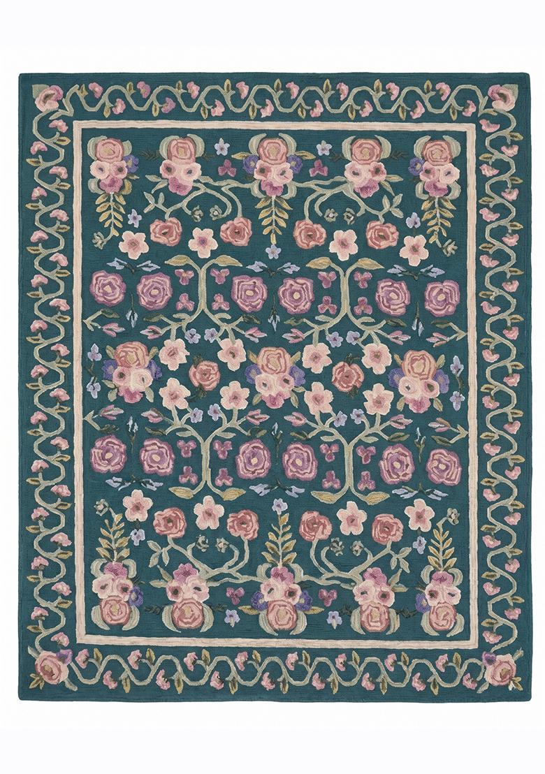 Saffron Rugs Hand Tufted Teal Blue Floral Victorian Rectangular Wool Area Rug - Indya