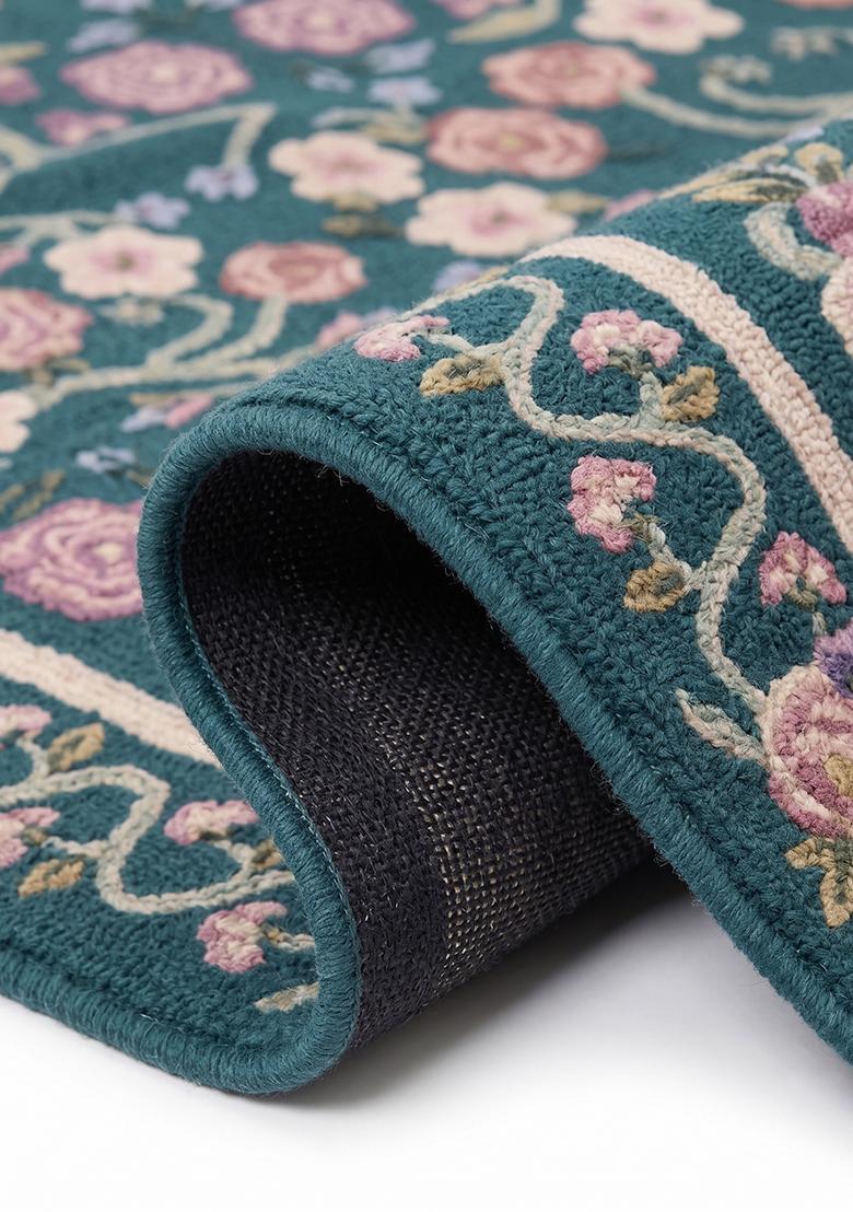 Saffron Rugs Hand Tufted Teal Blue Floral Victorian Rectangular Wool Area Rug - Indya