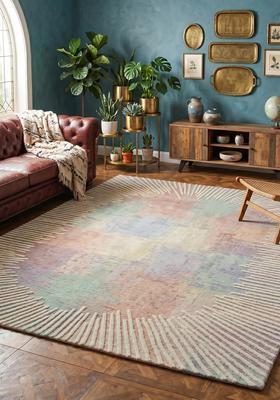 Saffron Rugs Hand Tufted Blush Nude Striped Contemporary Rectangular Wool Area Rug