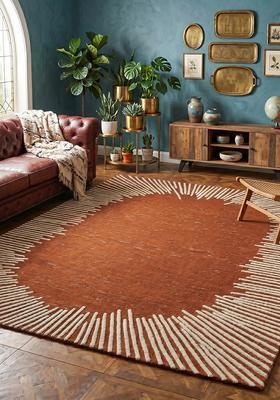 Saffron Rugs Hand Tufted Burnt Sienna Striped Contemporary Rectangular Wool Area Rug