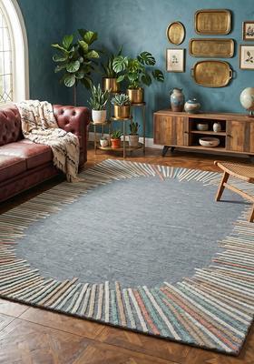Saffron Rugs Hand Tufted Steel Grey Striped Contemporary Rectangular Wool Area Rug