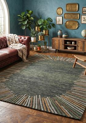 Saffron Rugs Hand Tufted Dark Grey Striped Contemporary Rectangular Wool Area Rug