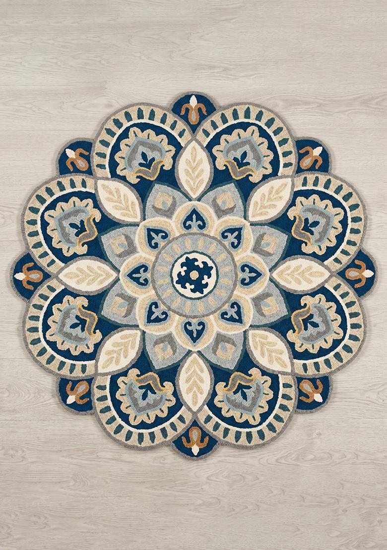 Saffron Rugs Hand Tufted Blue Beige Floral Moroccan Round Wool Area Rug - Indya