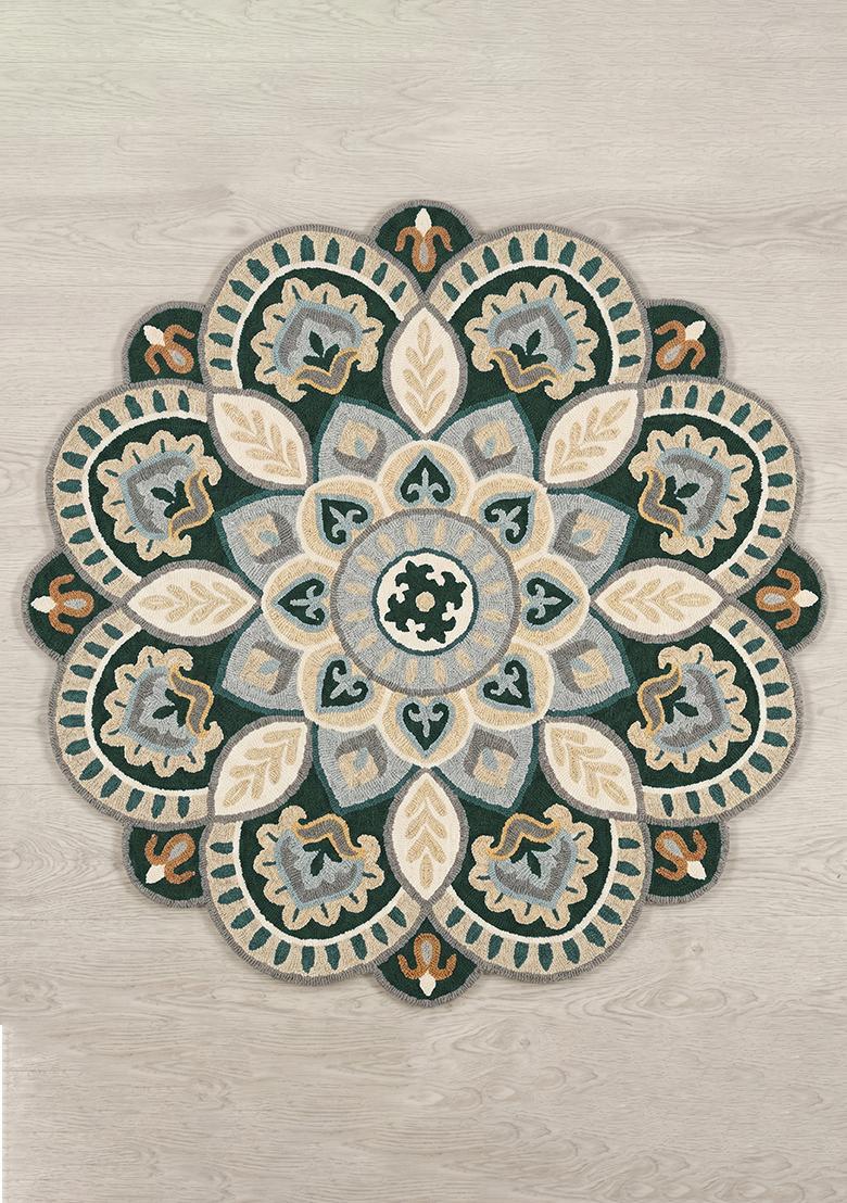 Saffron Rugs Hand Tufted Emerald Beige Floral Moroccan Round Wool Area Rug - Indya