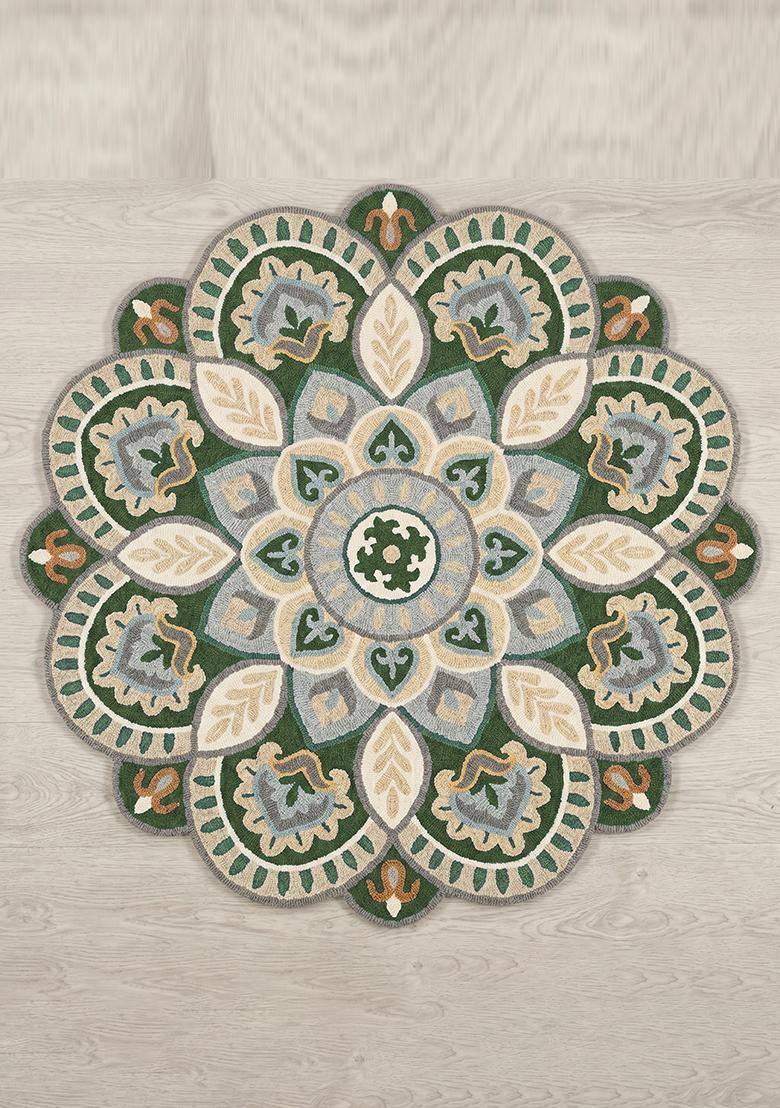 Saffron Rugs Hand Tufted Lime Beige Floral Moroccan Round Wool Area Rug - Indya