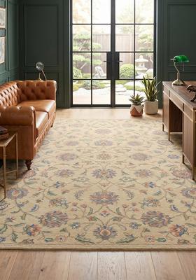 Saffron Rugs Hand Tufted Beige Floral Oriental Rectangular Wool Area Rug