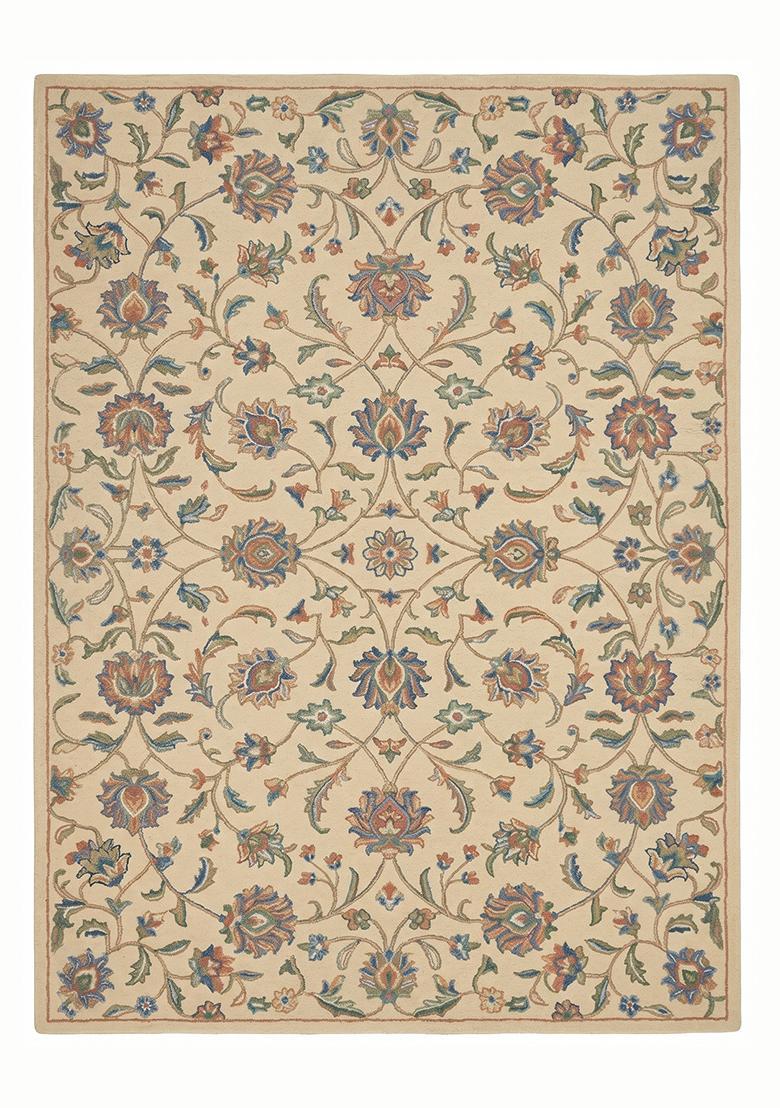 Saffron Rugs Hand Tufted Beige Floral Oriental Rectangular Wool Area Rug - Indya