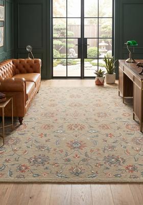 Saffron Rugs Hand Tufted Khaki Floral Oriental Rectangular Wool Area Rug