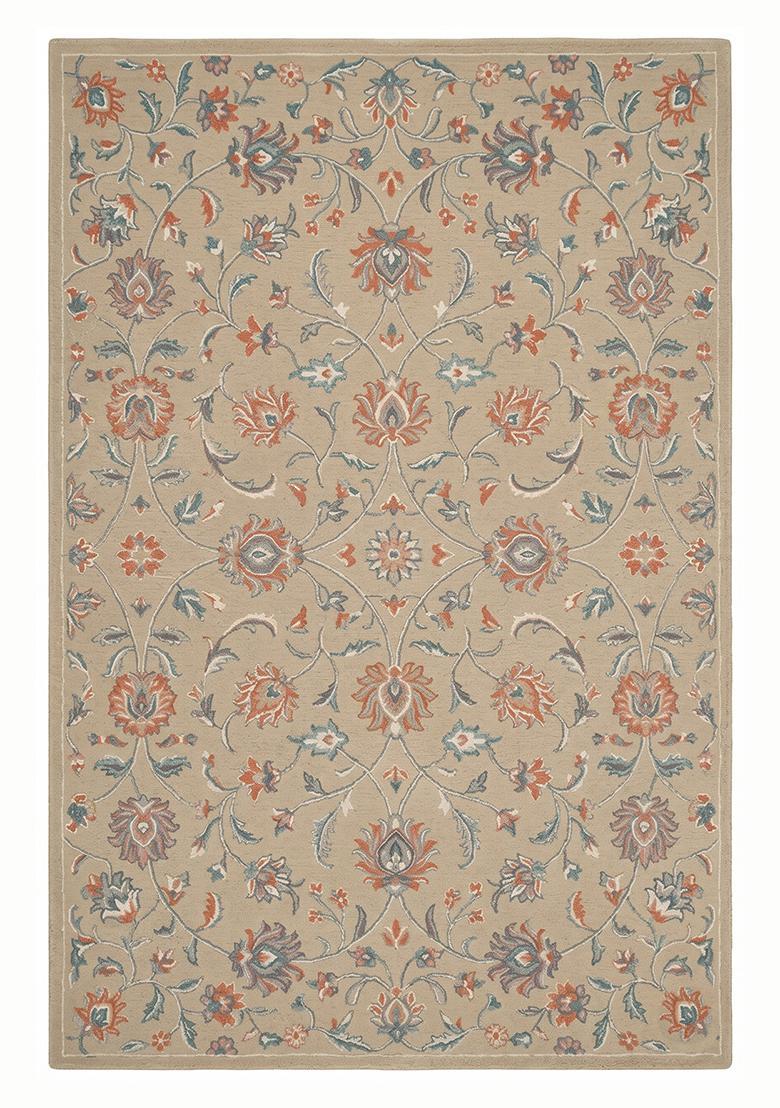 Saffron Rugs Hand Tufted Khaki Floral Oriental Rectangular Wool Area Rug - Indya