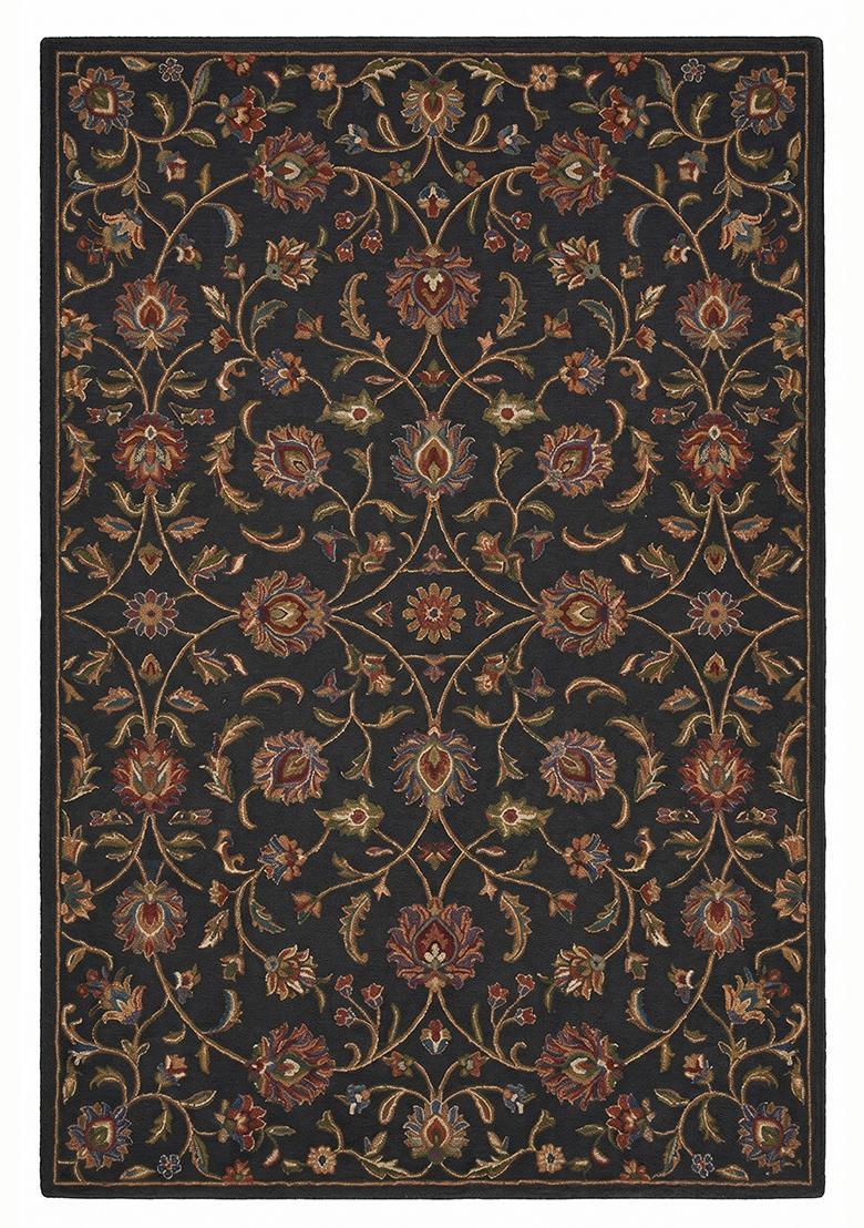 Saffron Rugs Hand Tufted Charcoal Floral Oriental Rectangular Wool Area Rug - Indya