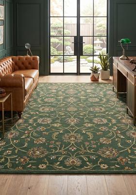 Saffron Rugs Hand Tufted Hunter Green Floral Oriental Rectangular Wool Area Rug