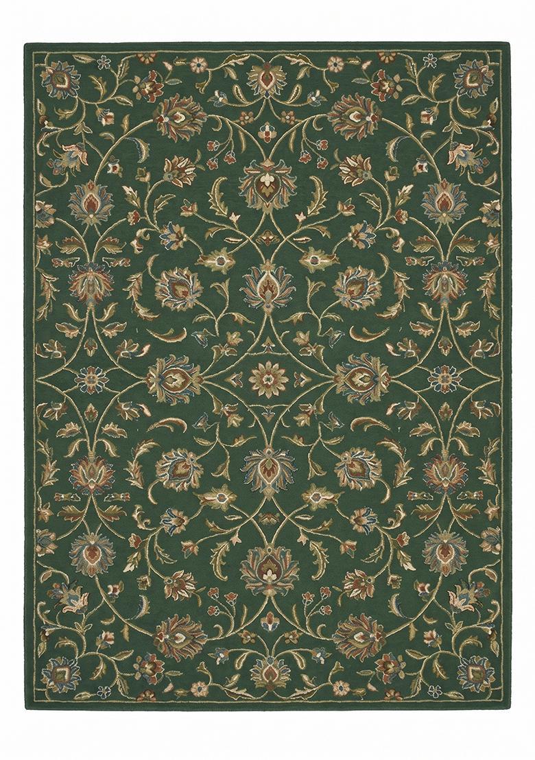 Saffron Rugs Hand Tufted Hunter Green Floral Oriental Rectangular Wool Area Rug - Indya