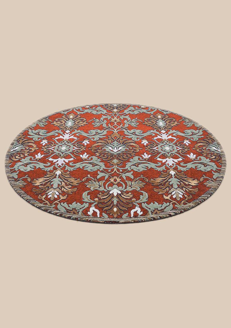 Saffron Rugs Hand Tufted Terracotta Rust Floral Old World Round Wool Area Rug - Indya