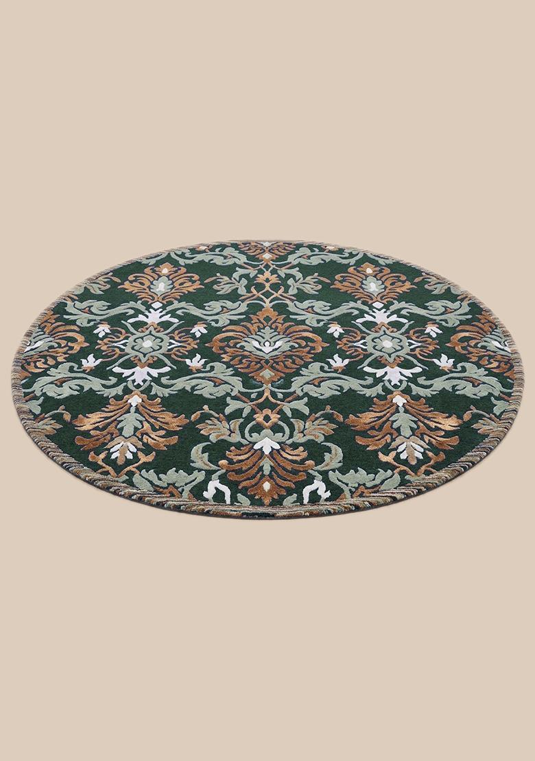 Saffron Rugs Hand Tufted Emerald Green Floral Old World Round Wool Area Rug - Indya
