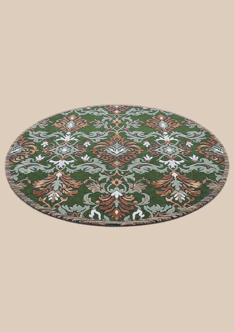 Saffron Rugs Hand Tufted Lime Green Floral Old World Round Wool Area Rug - Indya