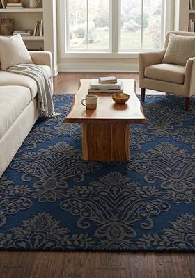 Saffron Rugs Hand Tufted Navy Gray Floral Victorian Square Wool Area Rug