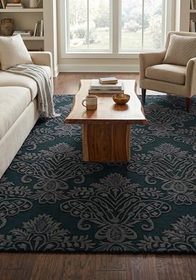 Saffron Rugs Hand Tufted Midnight Blue Gray Floral Victorian Square Wool Area Rug