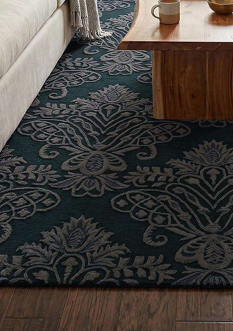 100% Wool Handmade Midnight Blue Gray Rug | Victorian Floral Square Carpet With Cotton Backing For Living Room - Indya