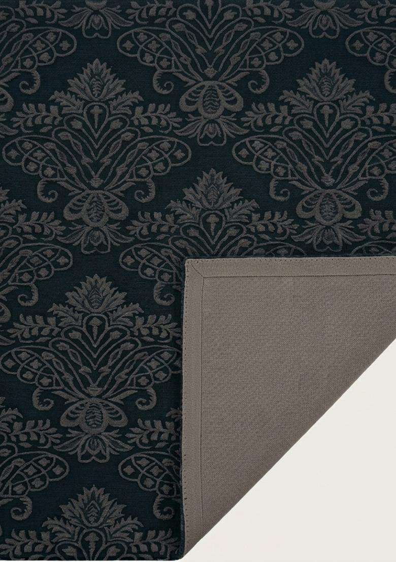 100% Wool Handmade Midnight Blue Gray Rug | Victorian Floral Square Carpet With Cotton Backing For Living Room - Indya