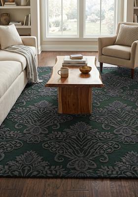 Saffron Rugs Hand Tufted Forestgreen Charcoal Floral Victorian Square Wool Area Rug