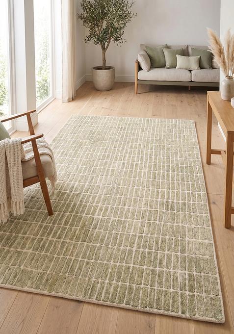 Saffron Rugs Tufted Sage Beige Geometric Contemporary Rectangular Wool Area Rug