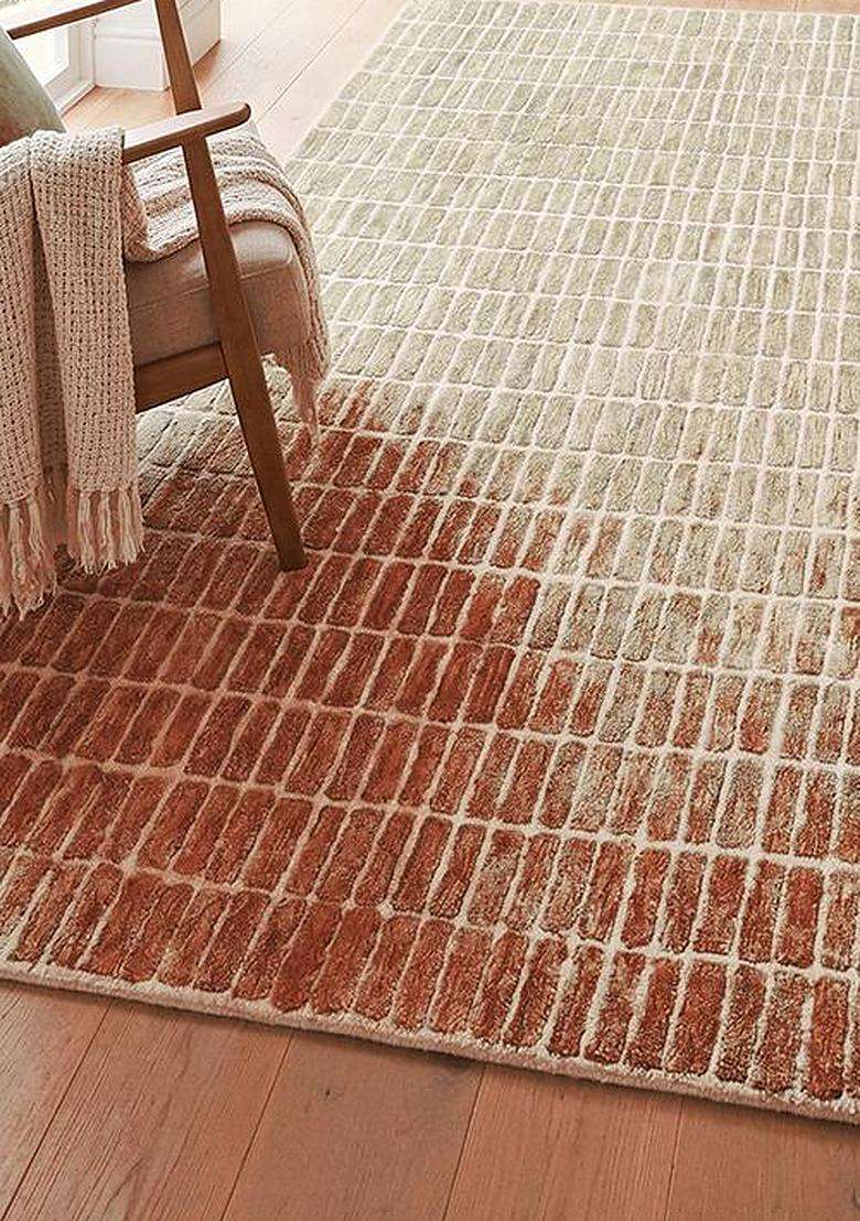 100% Wool Handmade Burnt Orange Rug | Contemporary Geometric Carpet With Cotton Backing For Living Room - Indya
