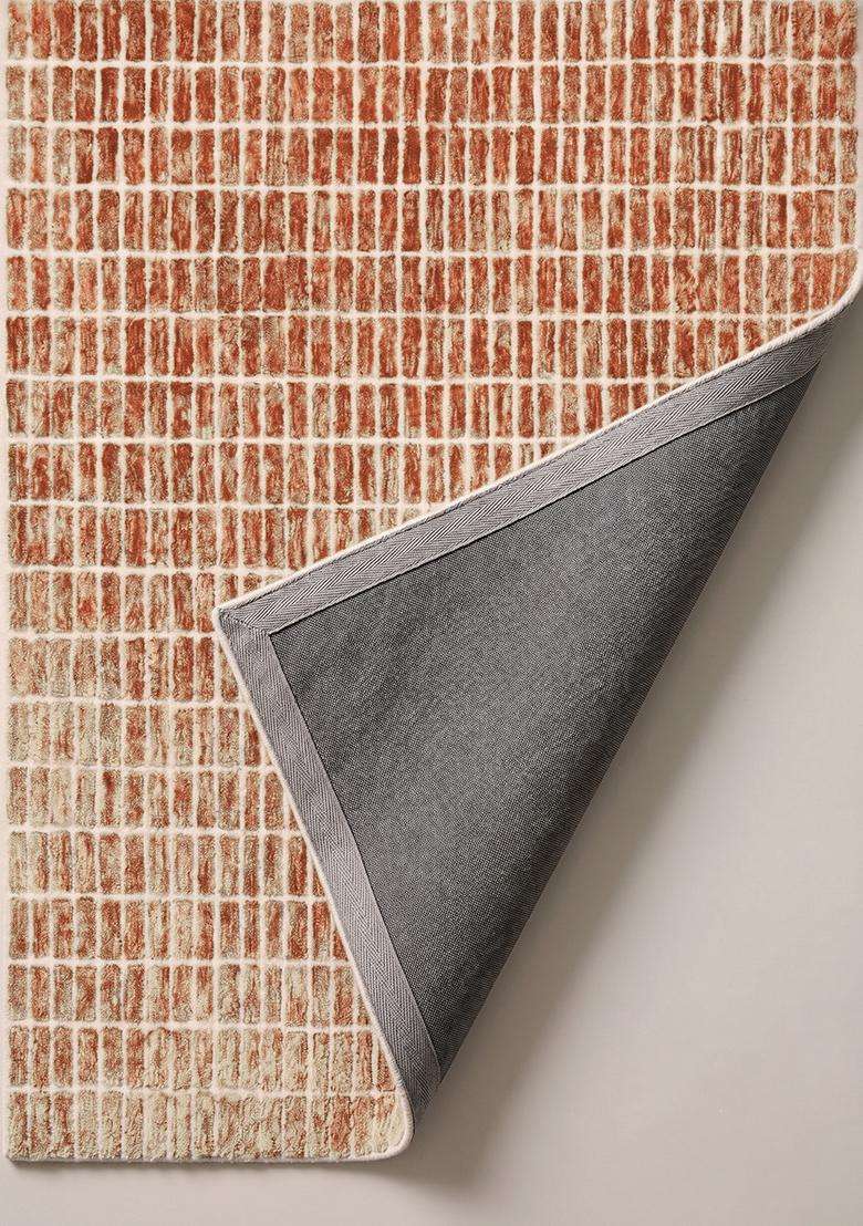 100% Wool Handmade Burnt Orange Rug | Contemporary Geometric Carpet With Cotton Backing For Living Room - Indya