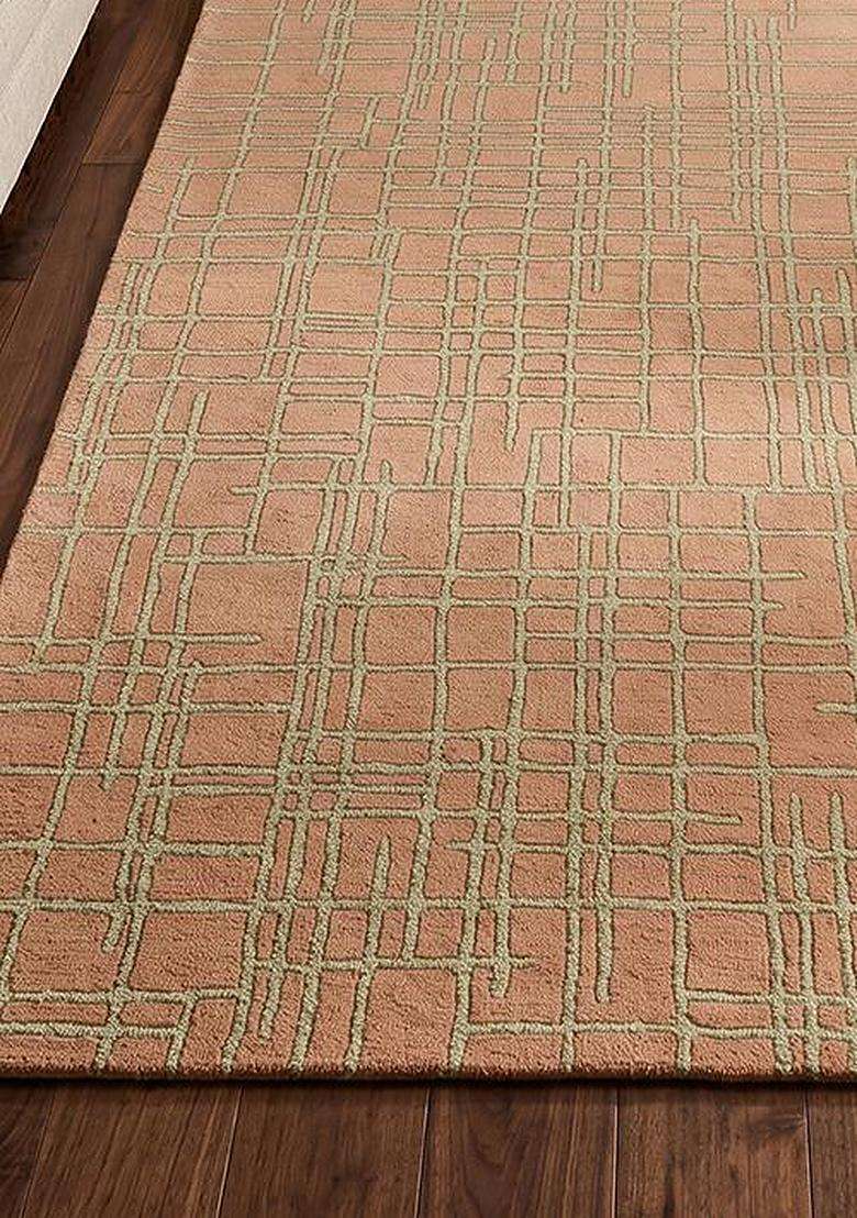 100% Wool Handmade Peach Rug | Contemporary Geometric Carpet With Cotton Backing For Living Room - Indya