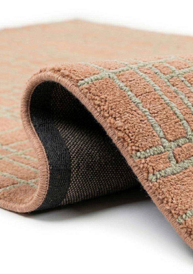 100% Wool Handmade Peach Rug | Contemporary Geometric Carpet With Cotton Backing For Living Room - Indya