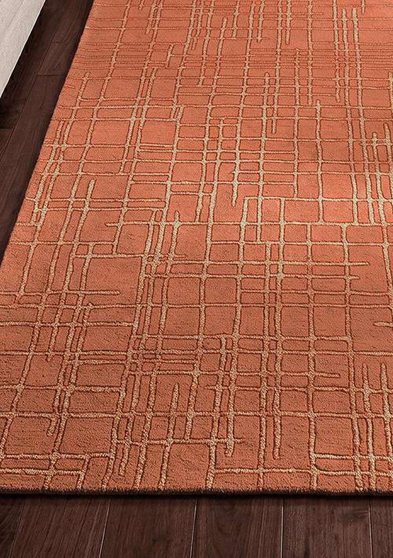 100% Wool Handmade Burnt Orange Rug | Contemporary Geometric Carpet With Cotton Backing For Living Room - Indya