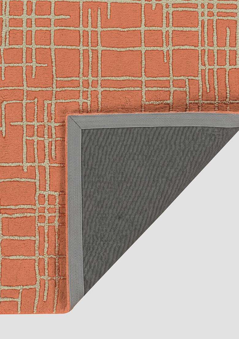 100% Wool Handmade Burnt Orange Rug | Contemporary Geometric Carpet With Cotton Backing For Living Room - Indya