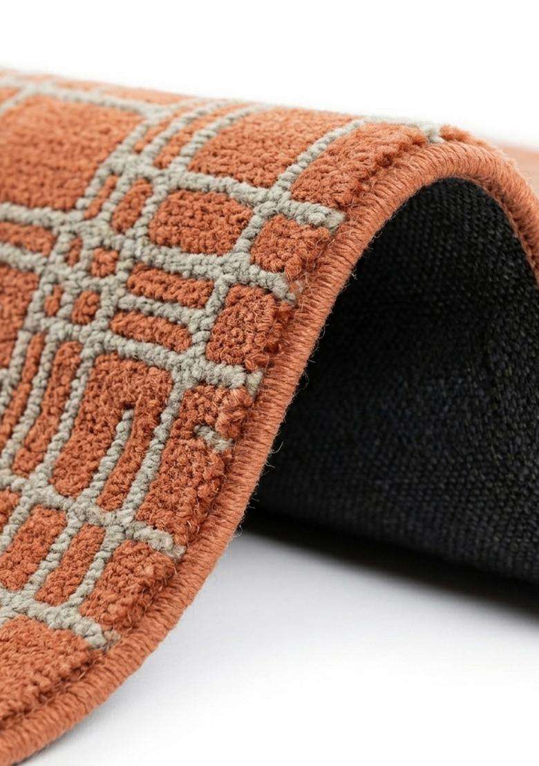 100% Wool Handmade Burnt Orange Rug | Contemporary Geometric Carpet With Cotton Backing For Living Room - Indya