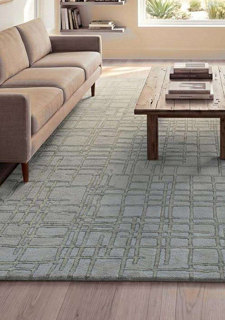 100% Wool Handmade Light Grey Rug | Contemporary Geometric Carpet With Cotton Backing For Living Room - Indya
